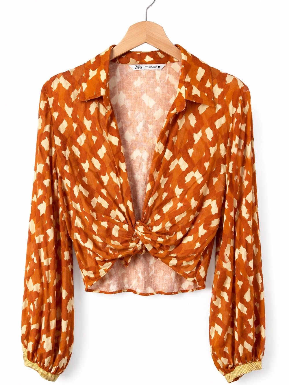Zara Printed Tie Front Crop Blouse Orange Cream Long Sleeve Size S Resort Boho